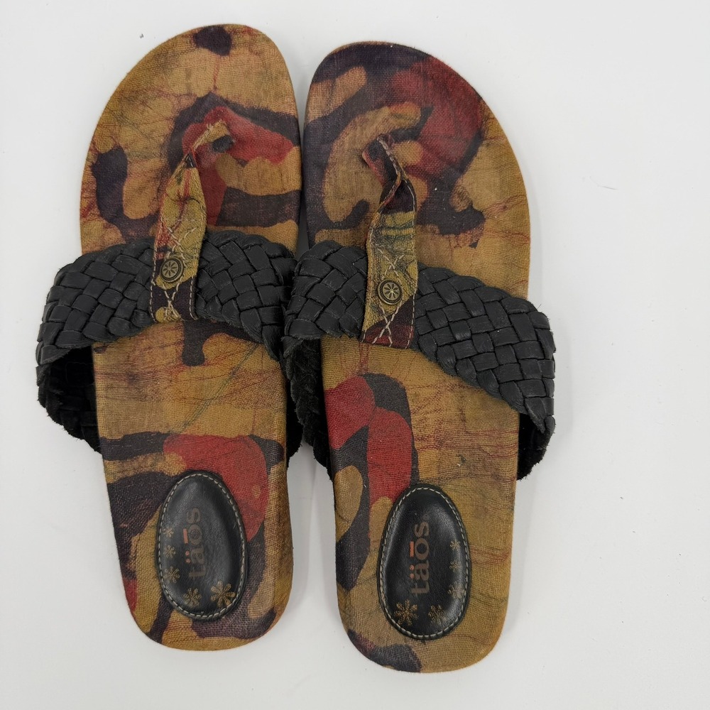 Taos Thong Sandals Woven Leather Batik Print Y2K Women Size 10 Black Multicolor